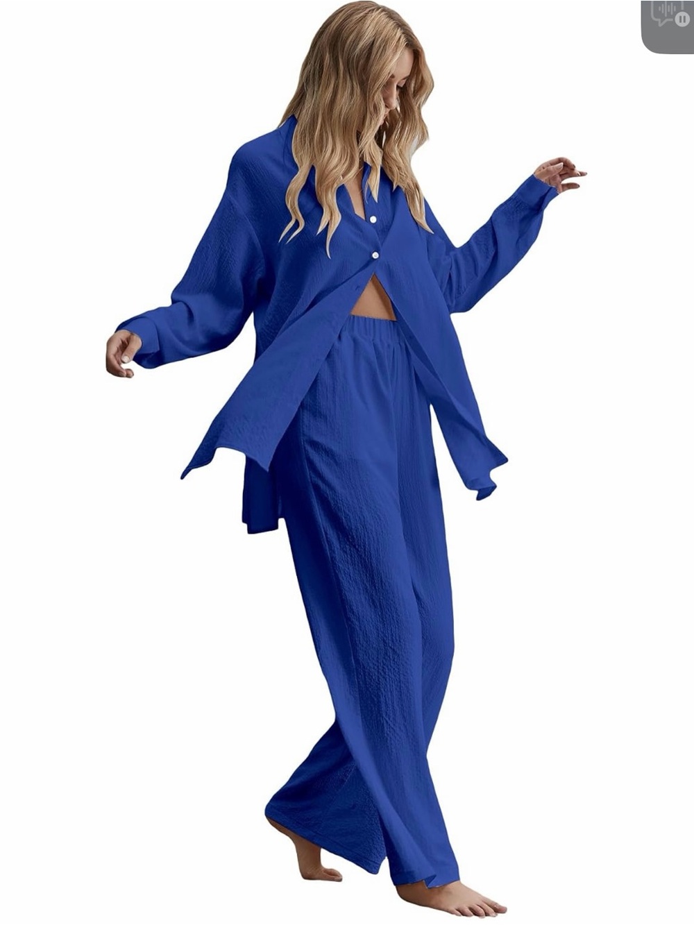Blue Relaxed Wide-Leg Pants & Shirt Set